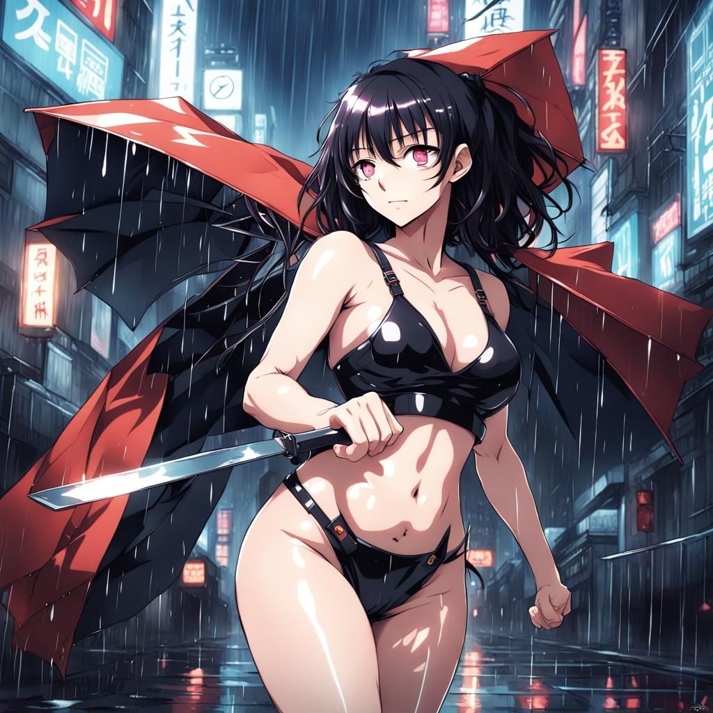 Anime Girl in Rainy Neo Tokyo Illustration