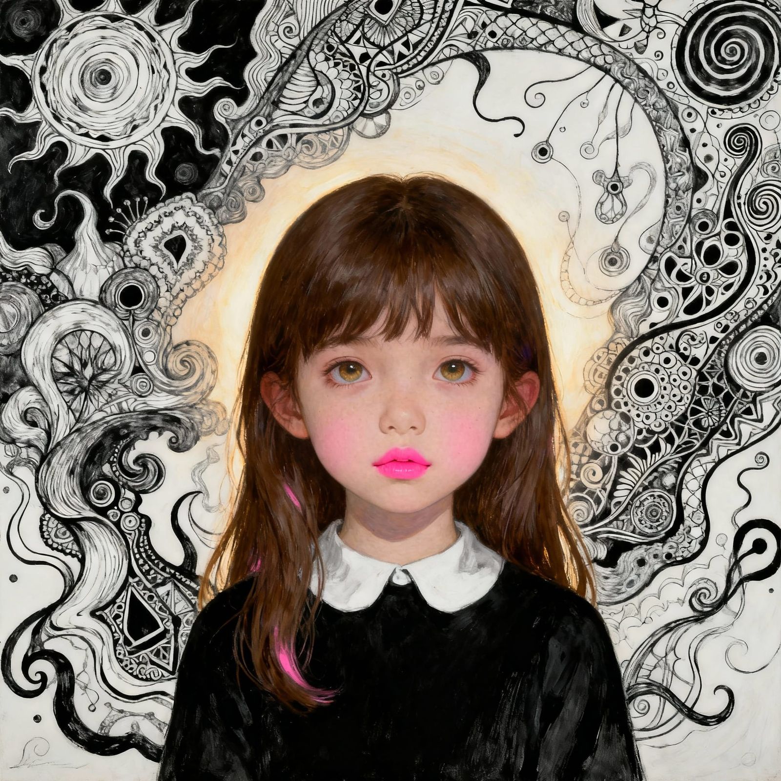 Surrealist Girl with Doodled Background, Dalí & Higuchi Infl...