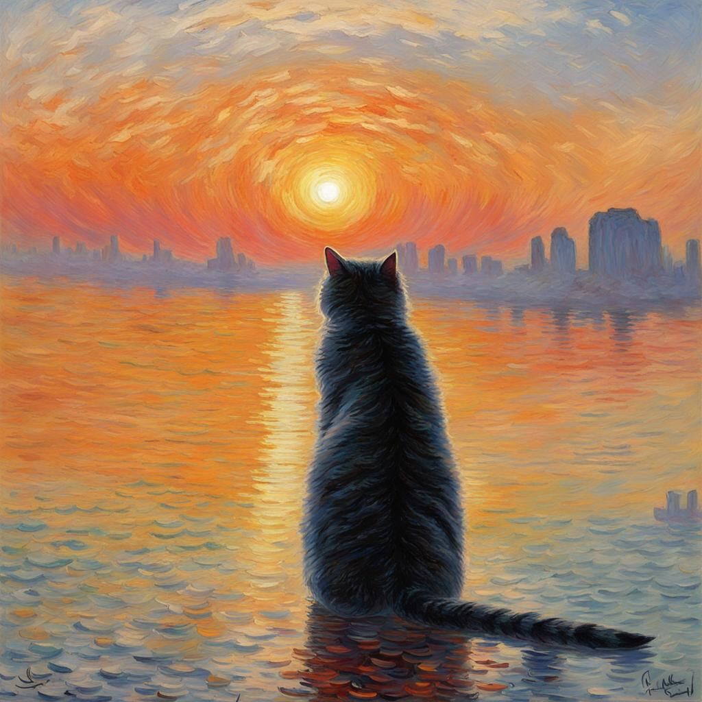 Impressionistic Cat at Sunrise in Monet Style