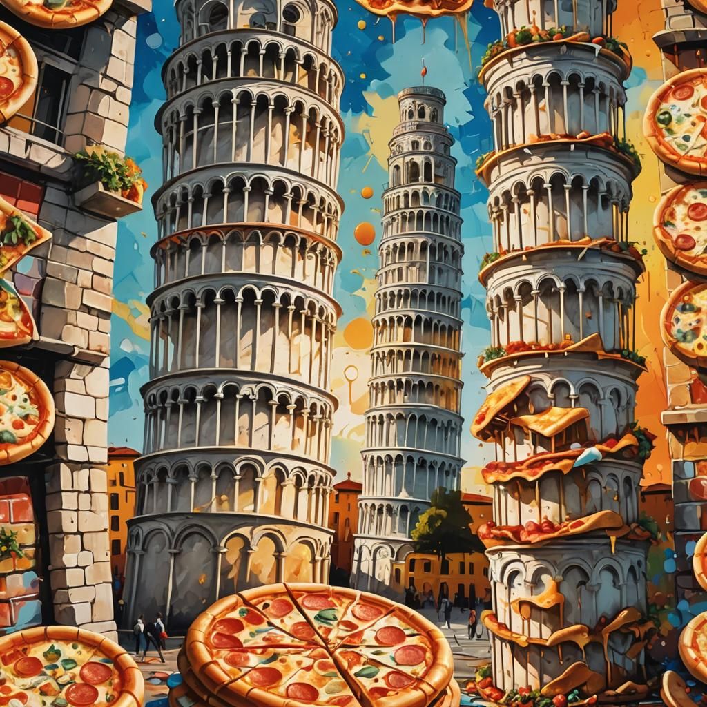 Pizza Leaning Tower in Graffiti Street Art