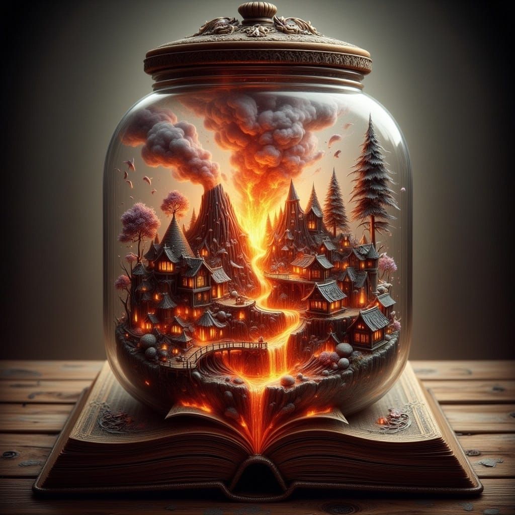 Volcano Erupting from Book in Apothecary Jar