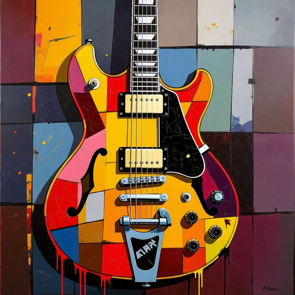 Cubist Guitar with Vibrant Splatter Paint