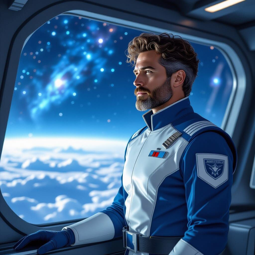 Galactic Admiral Gazing at Stars in Futuristic Style