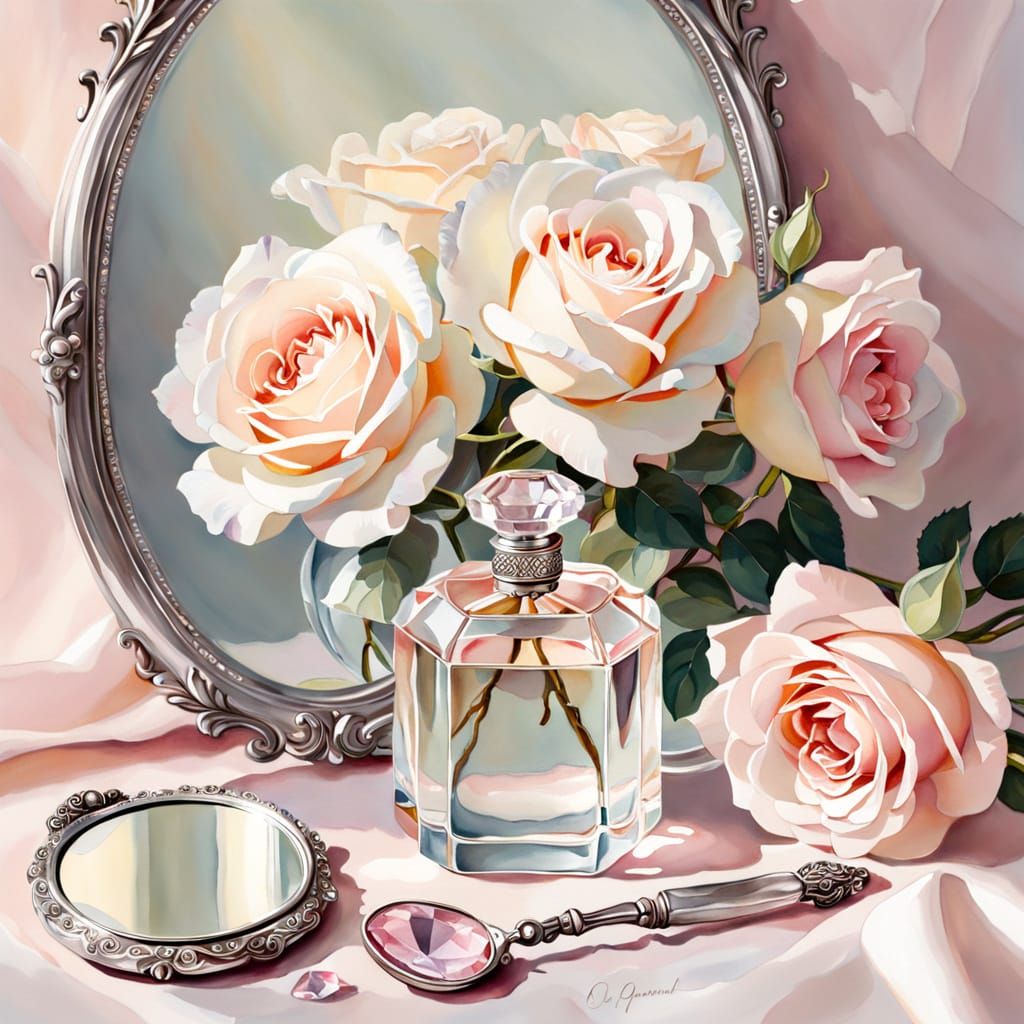 Watercolor Masterpiece of Cream Roses and Antique Perfume