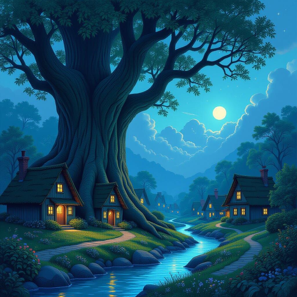 Bioluminescent Village in Twilight Illustration
