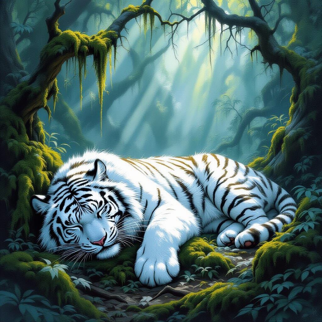 Majestic Snow Tiger Sleeping in Ancient Forest