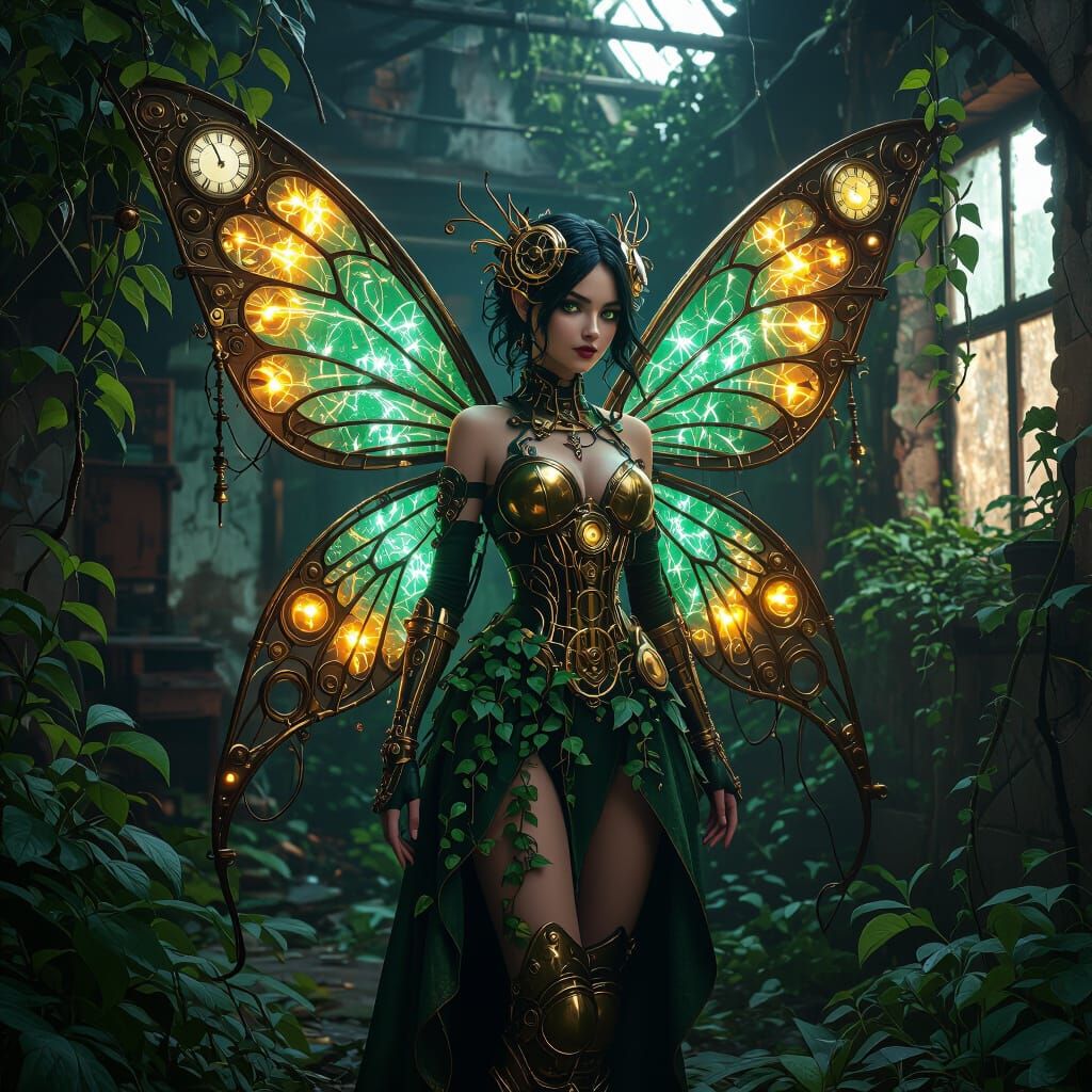 Steampunk Fairy with Clockwork Wings in Abandoned Workshop
