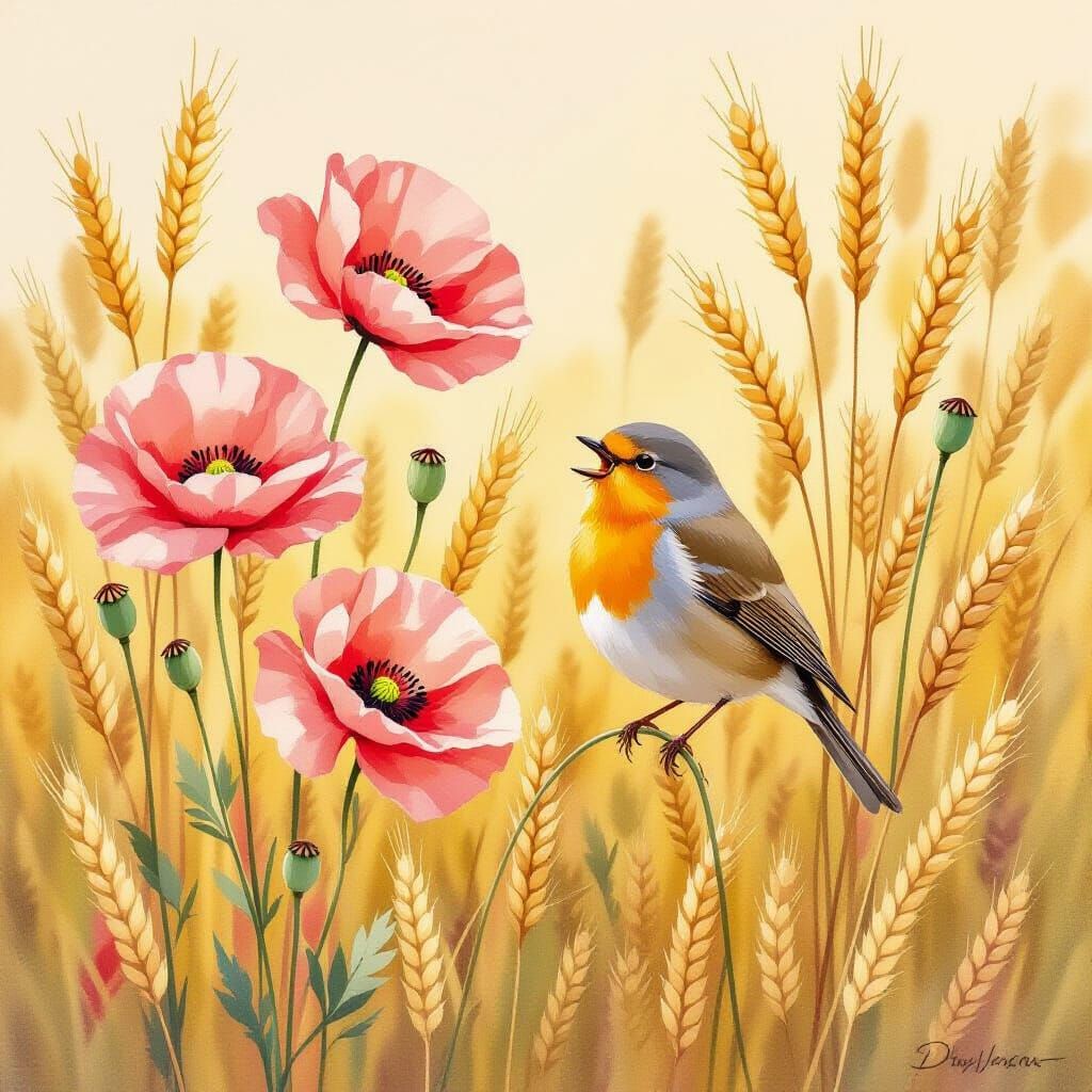 Pastel Poppies and Robin in Impressionistic Style