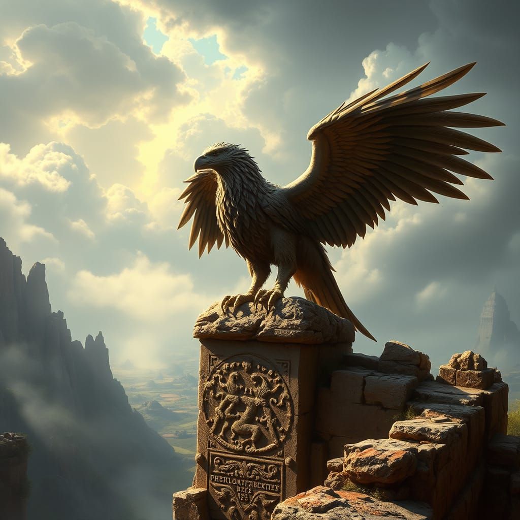 Griffin Perched Atop Ancient Ruin in Epic Fantasy Art