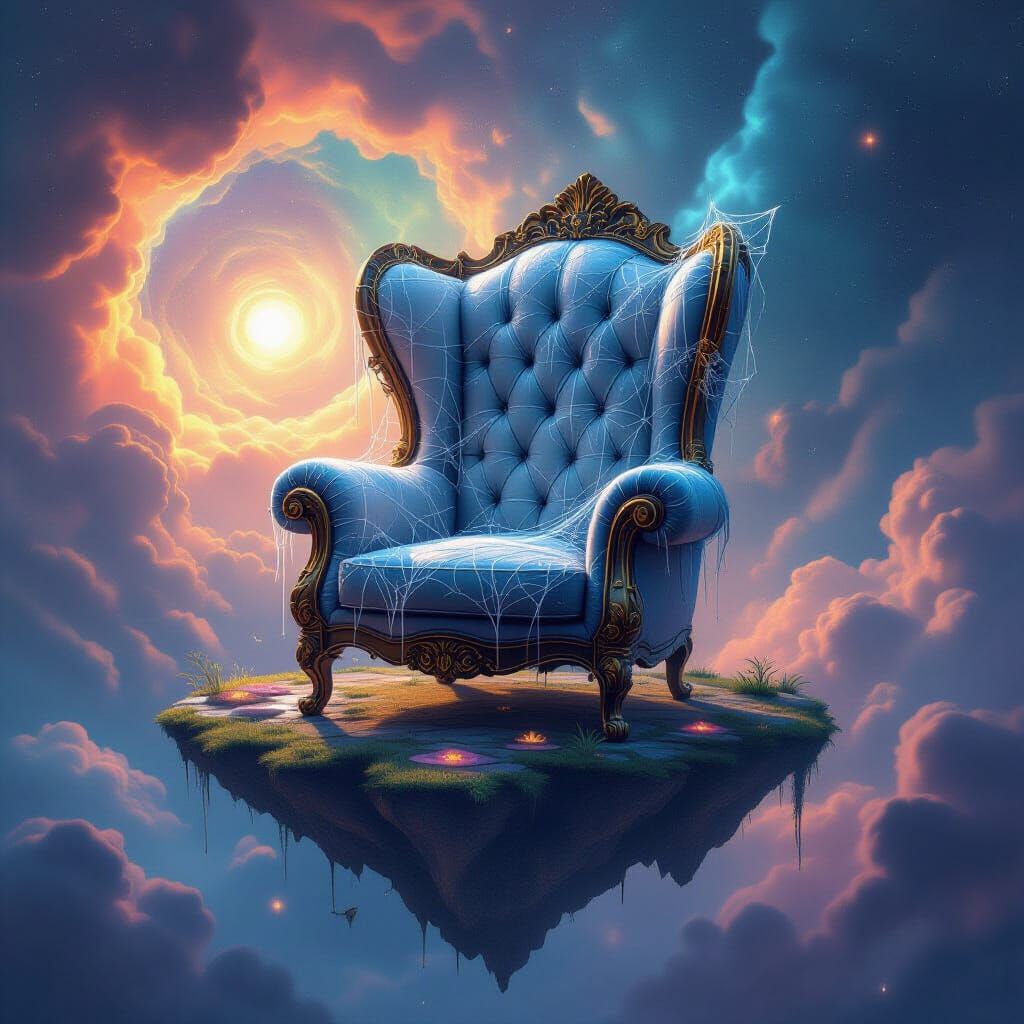 Ancient Armchair on Floating Island in Nebula