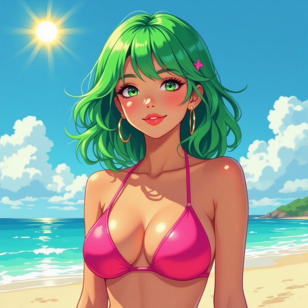 Green-Haired Woman in Pink Bikini, Playful Anime Style