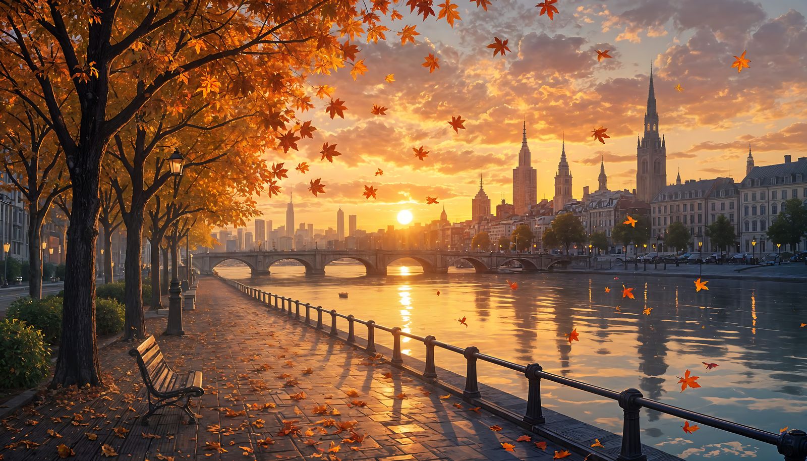 Sunset Cityscape with Falling Leaves, Impressionist Style