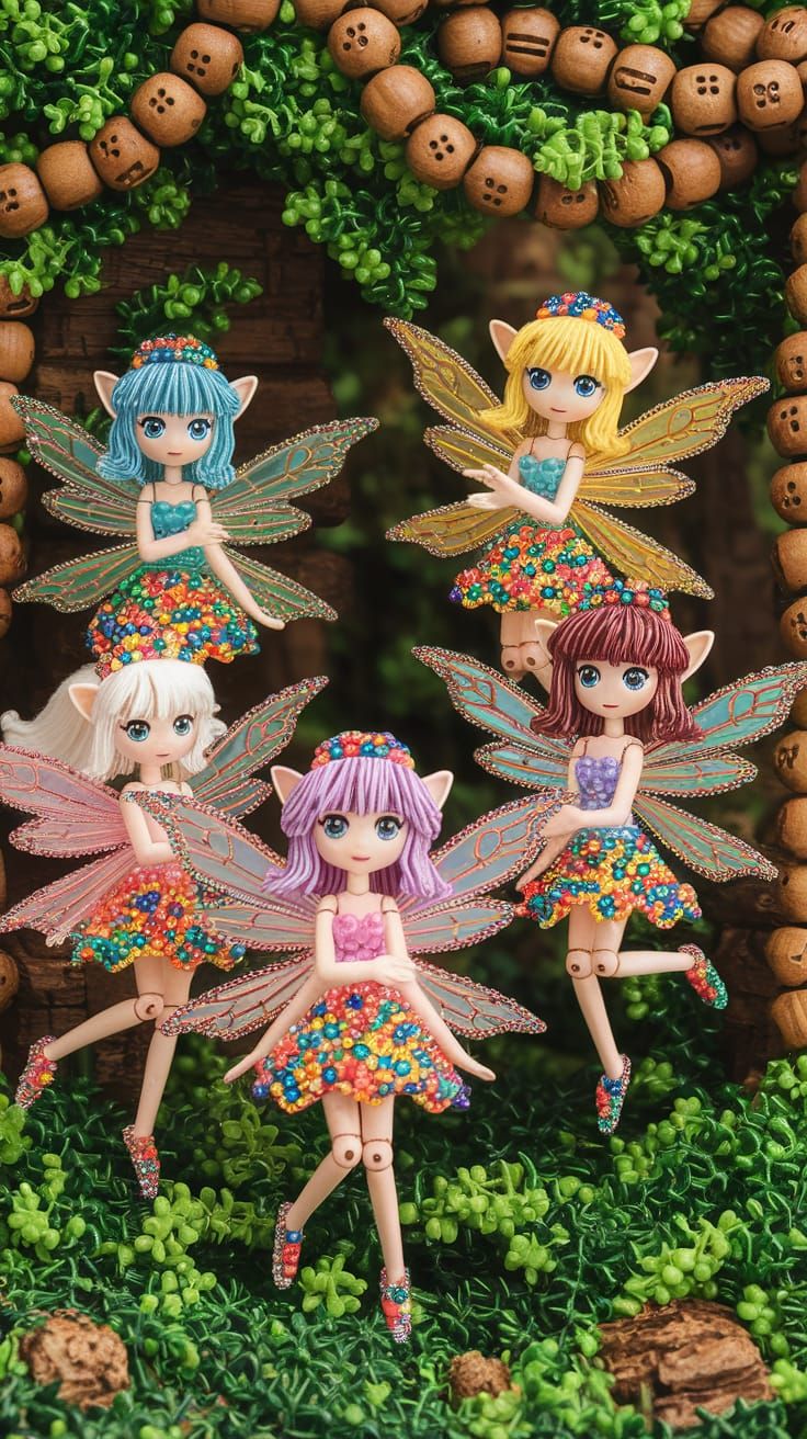 Anime Fairies Made of Colorful Glass and Wood Beads