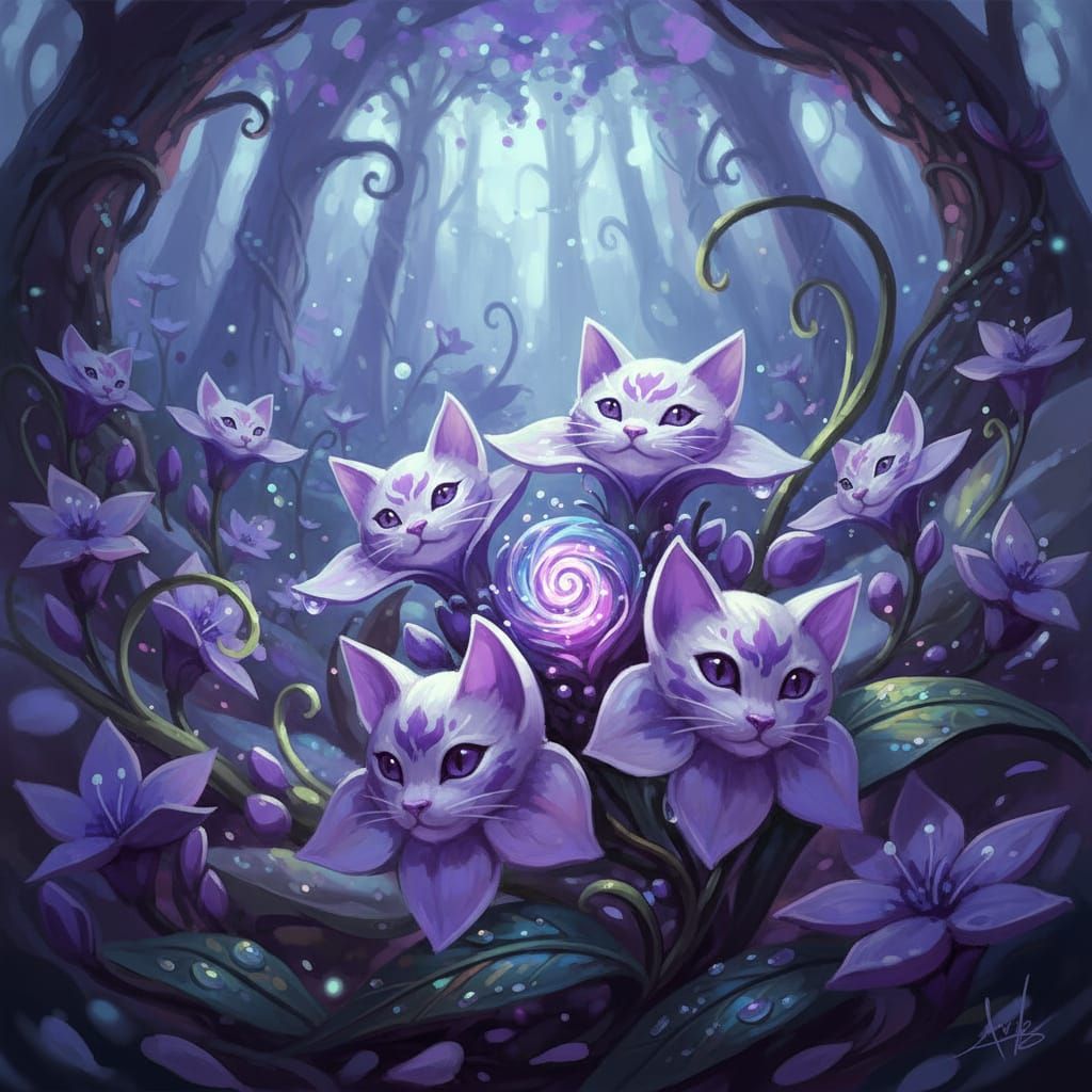 Cat Face Flowers Macro View in Fantasy Concept Art Style