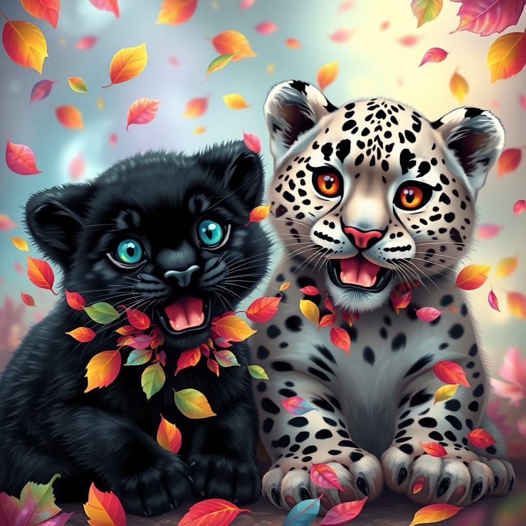 Whimsical Feline Guardians Amidst Iridescent Leaves