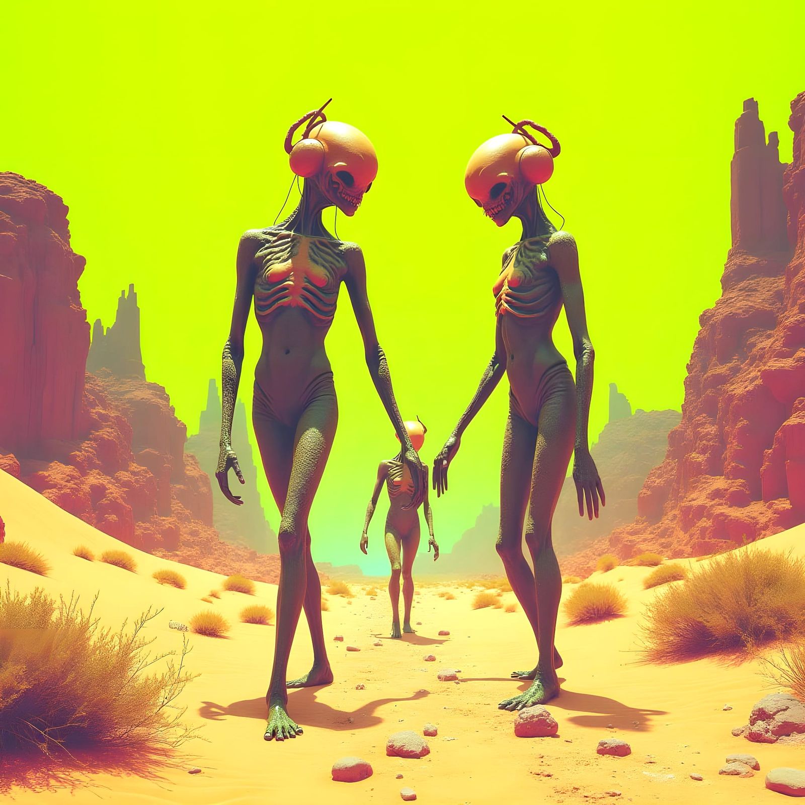 Cyberpunk Mutant Humanoids in Vibrant Desert Landscape