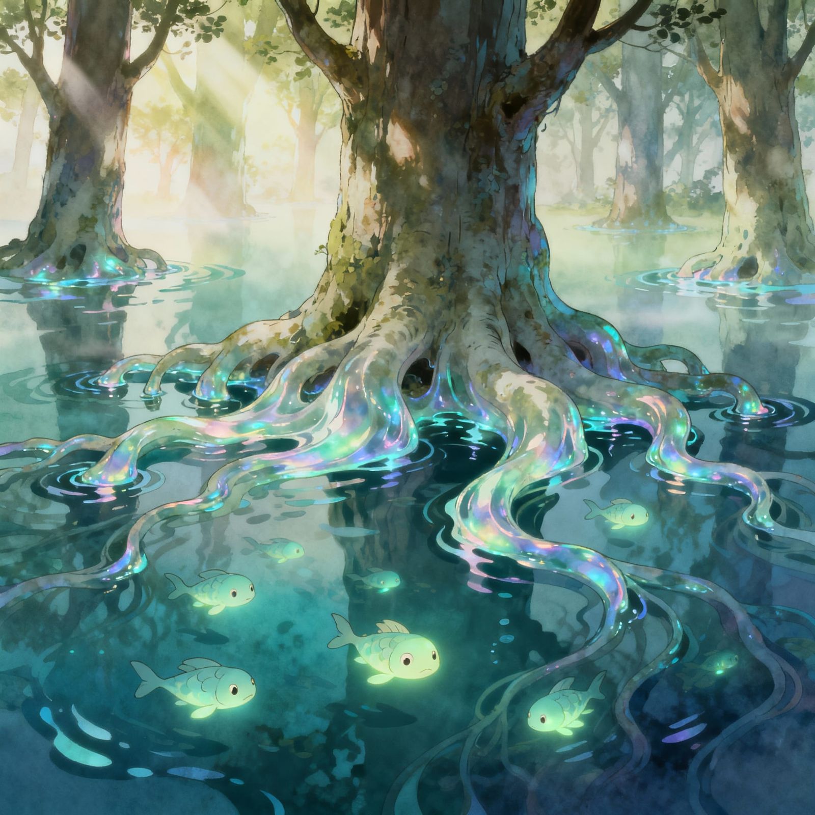 Surreal Forest With Liquid Roots and Bioluminescent Creature...
