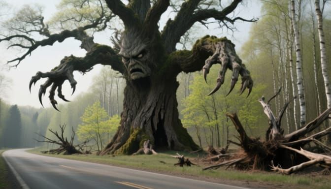 Ancient Oak Tree Scowls at Spring in Cinematic Film Still
