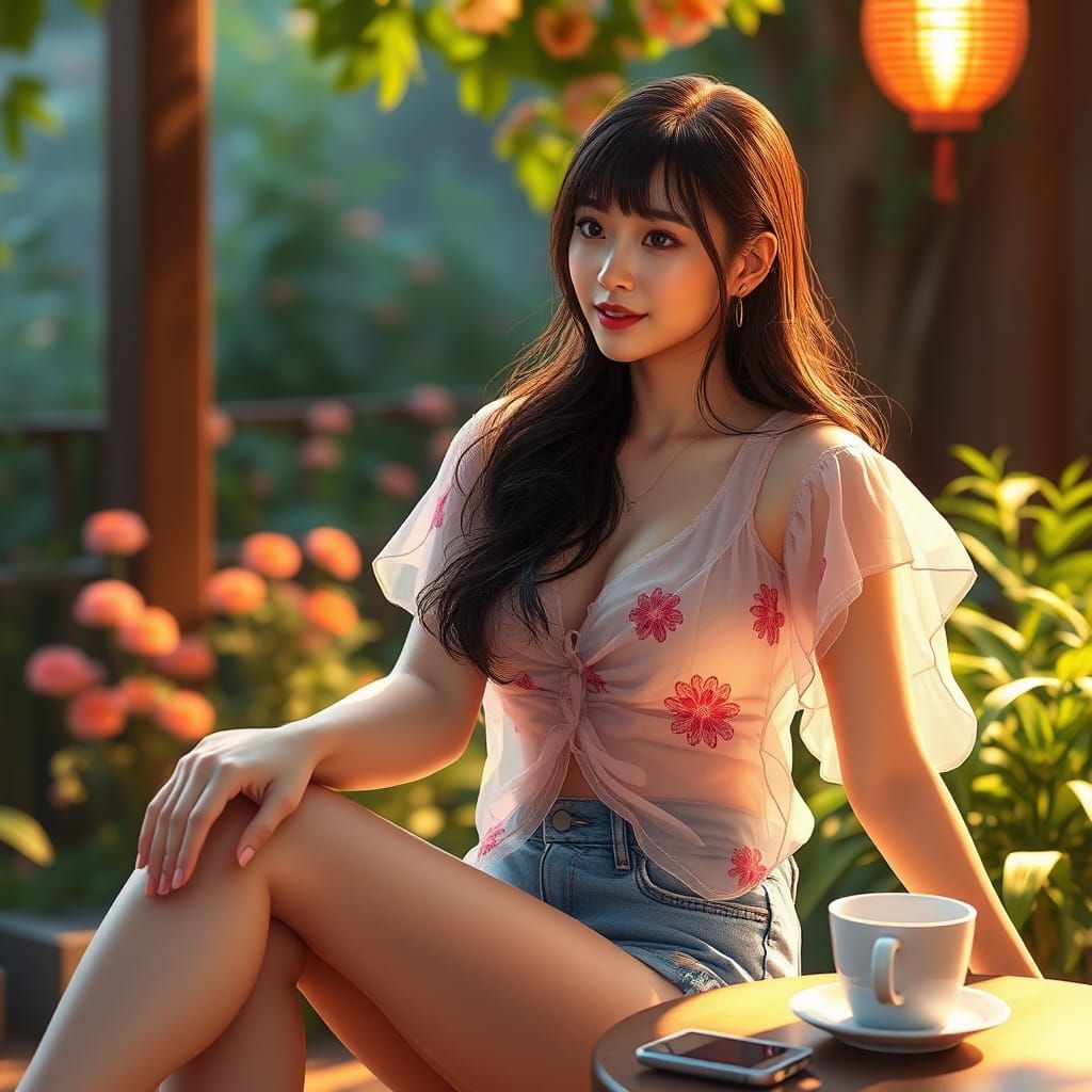 Beautiful Woman in Garden with Cosmos Top