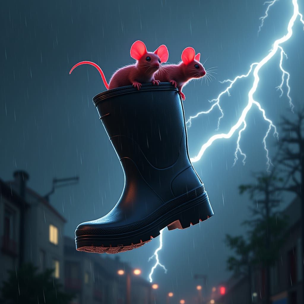 Neon Mice Bungee Jumping from Gumboot in Stormy Double Expos...