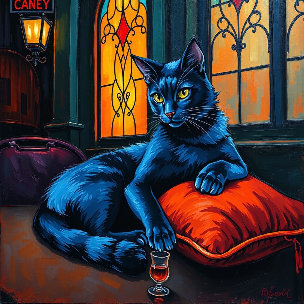 Blue Cat Lounging in 1920s Speakeasy: Neo-Impressionism