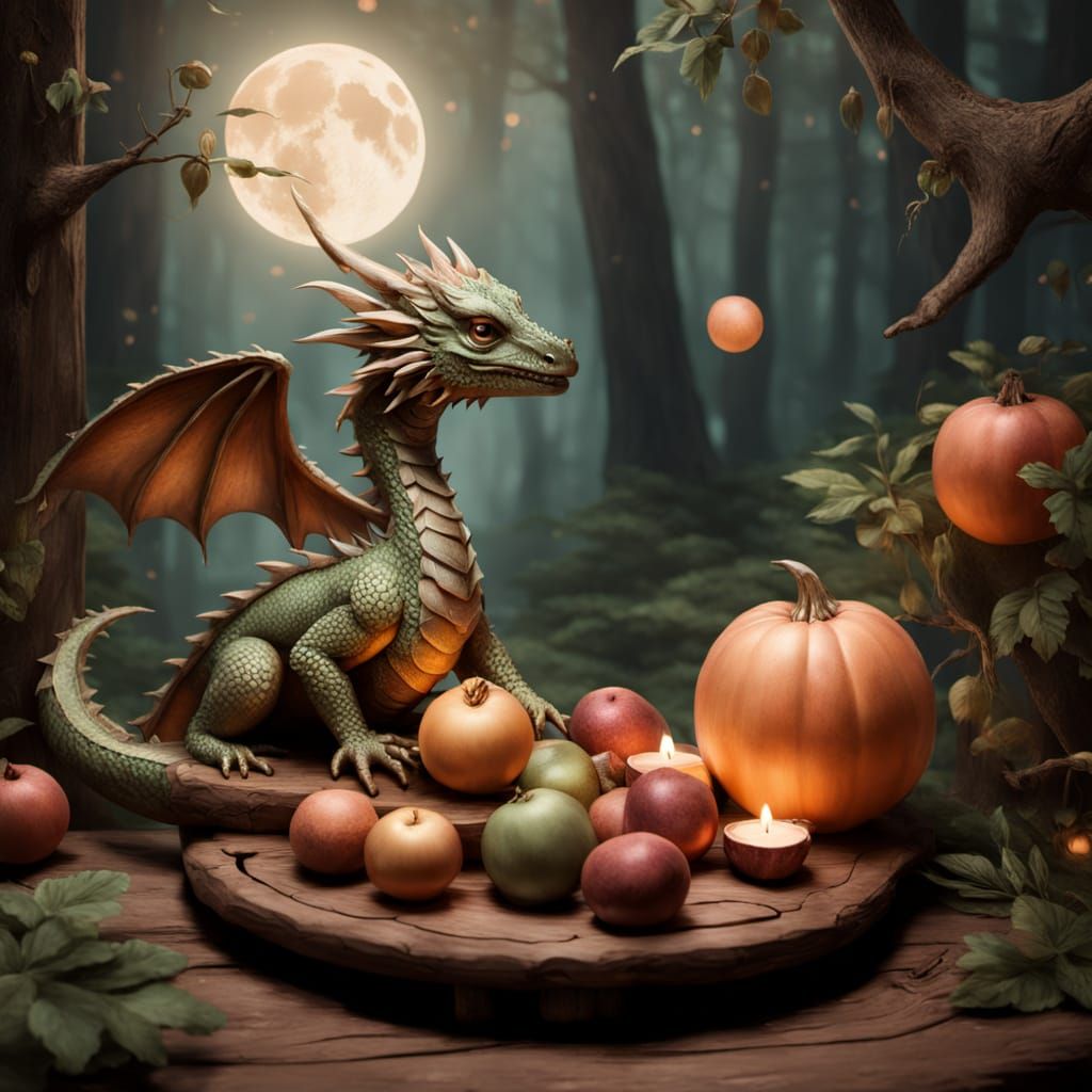 Whimsical Dragon Arranging Moon-Petal Fruits in 3D Render