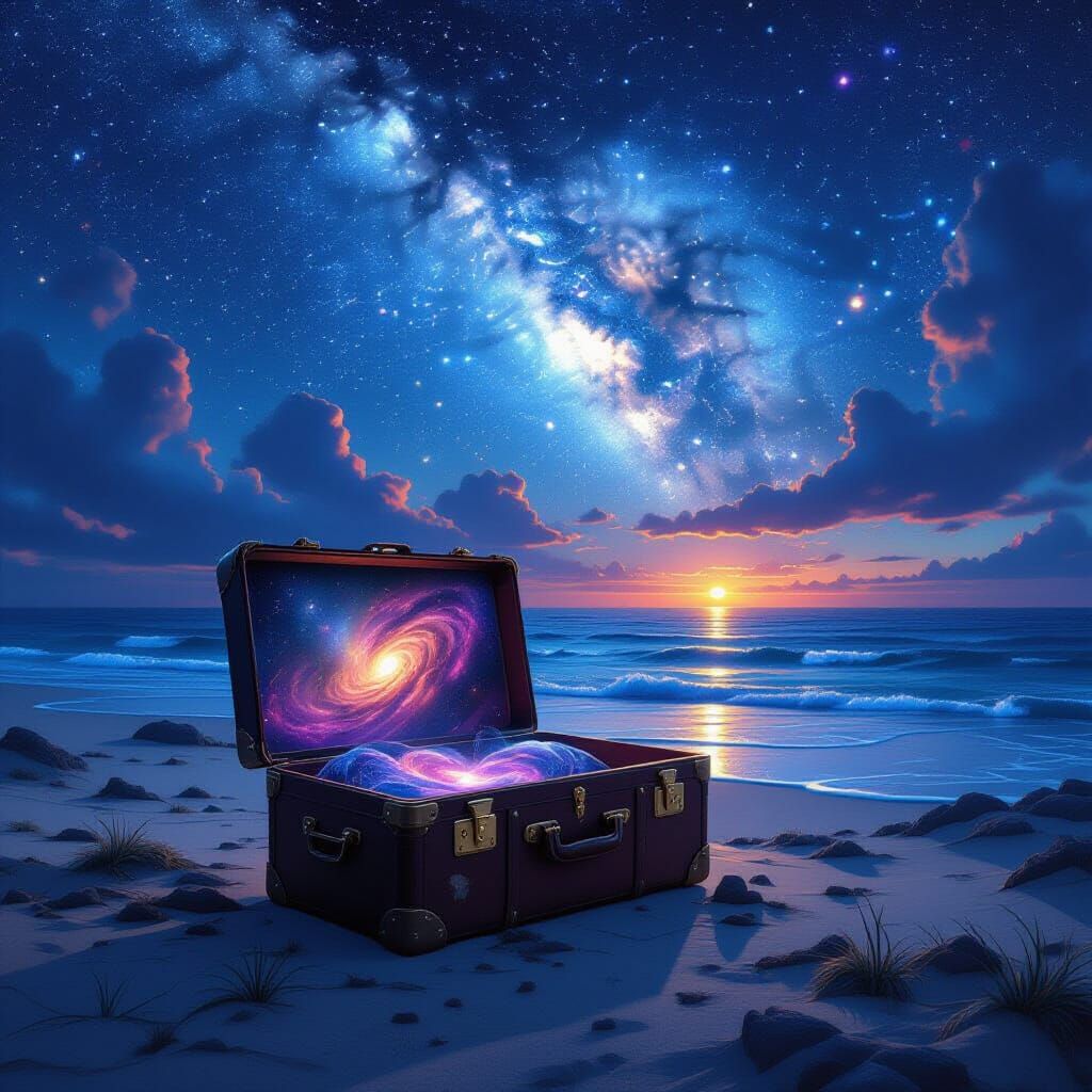 Cosmic Suitcase on Star-Dusted Island in Hyperrealistic Styl...