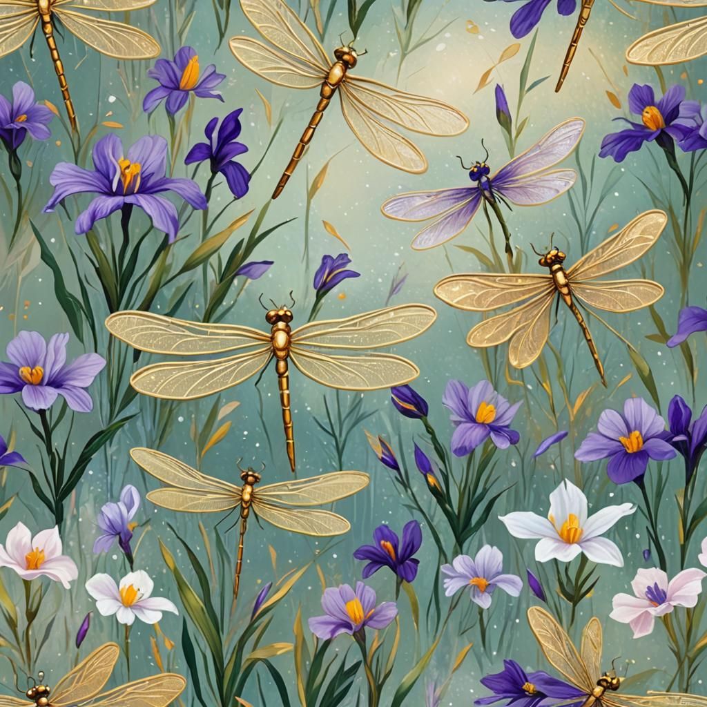 Iris and Golden Dragonflies