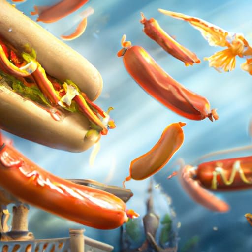 Winged Hot Dogs Soar in Dark Fantasy Art
