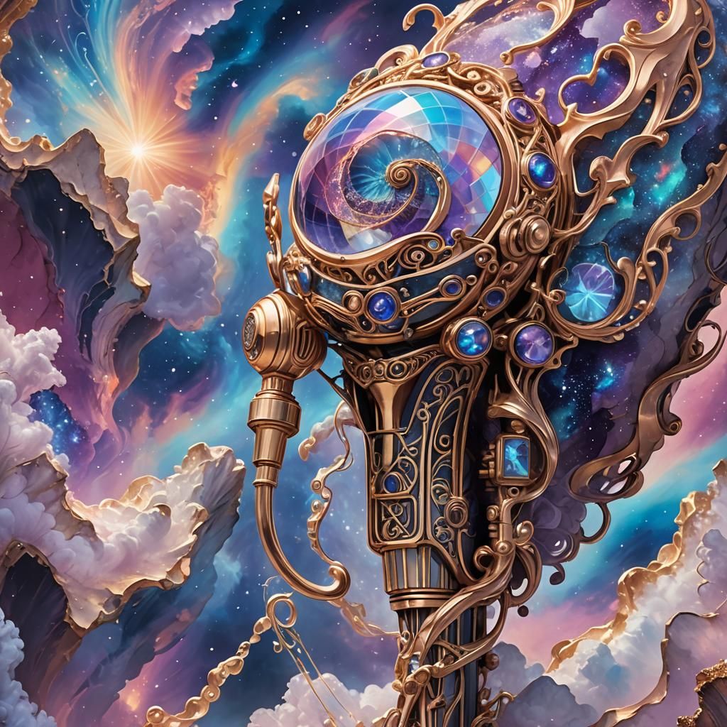 Ethereal Rock Cradling Microphone in Iridescent Nebula