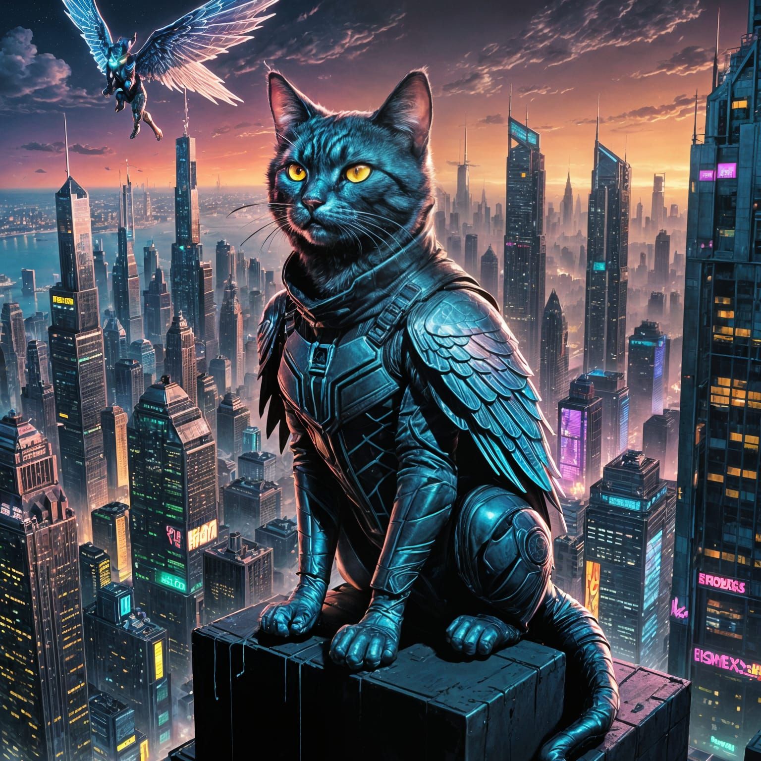 Cyberpunk Cat Burglar with Holographic Wings