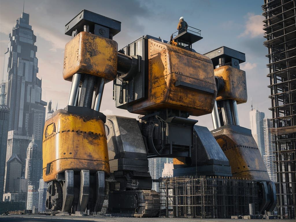 Futuristic Construction Robot in Cityscape