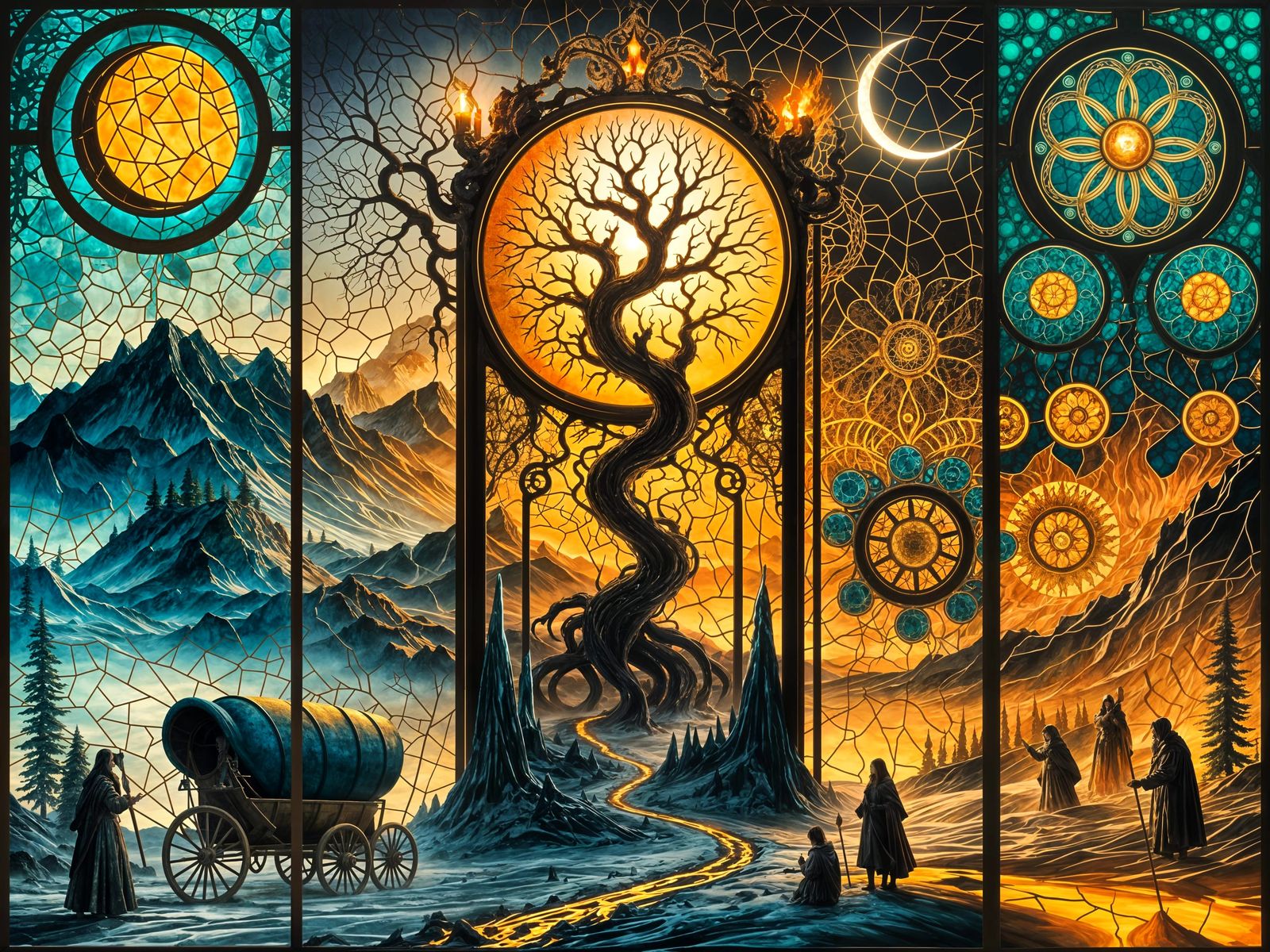 Stained-Glass Dark-Fantasy Triptych in Art Nouveau Style