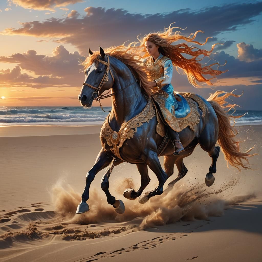 Magical Horse Galloping on Beach at Sunset