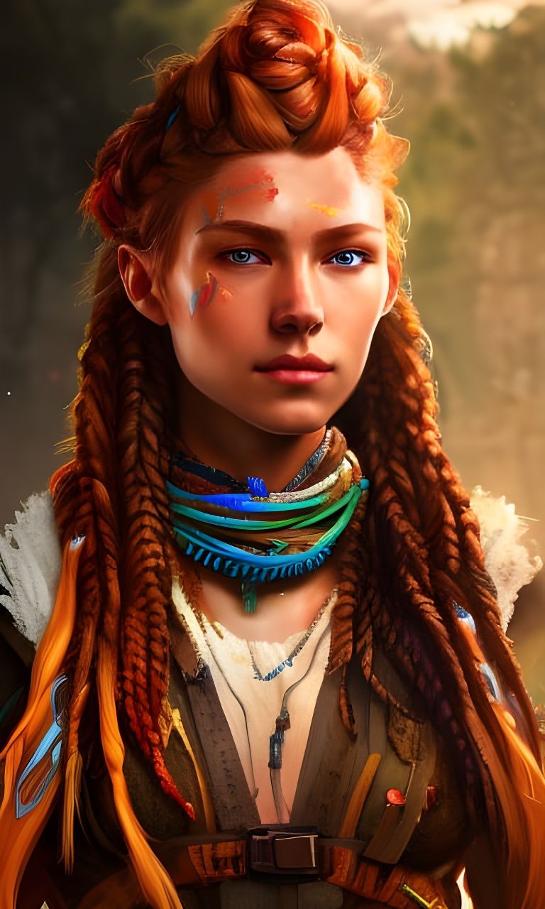 Realistic Aloy Portrait in Detailed Sci-Fi Landscape