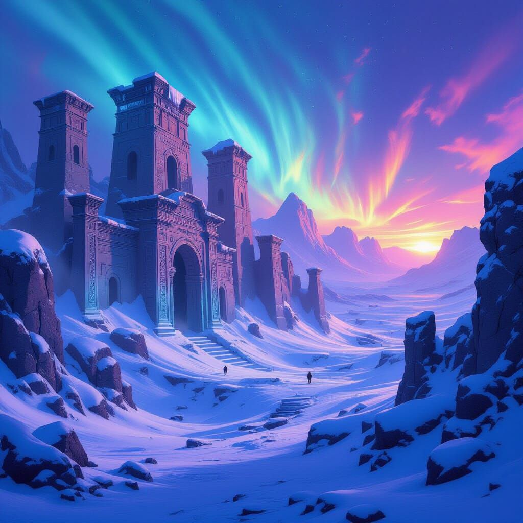 Lost City in Cold Desert Under Multicolored Sky