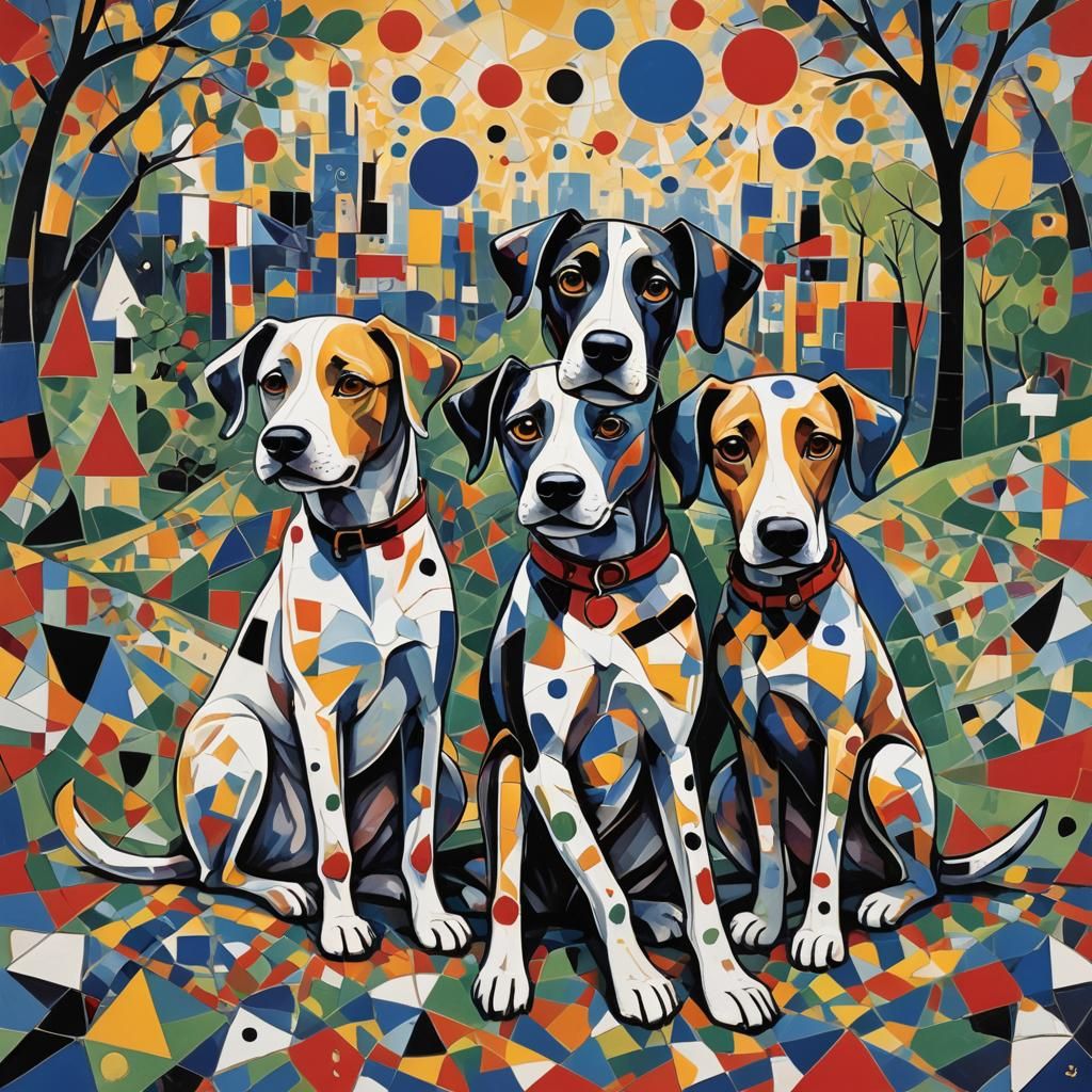 Cartoon Dogs Playing in Cubist Fantasy Landscape