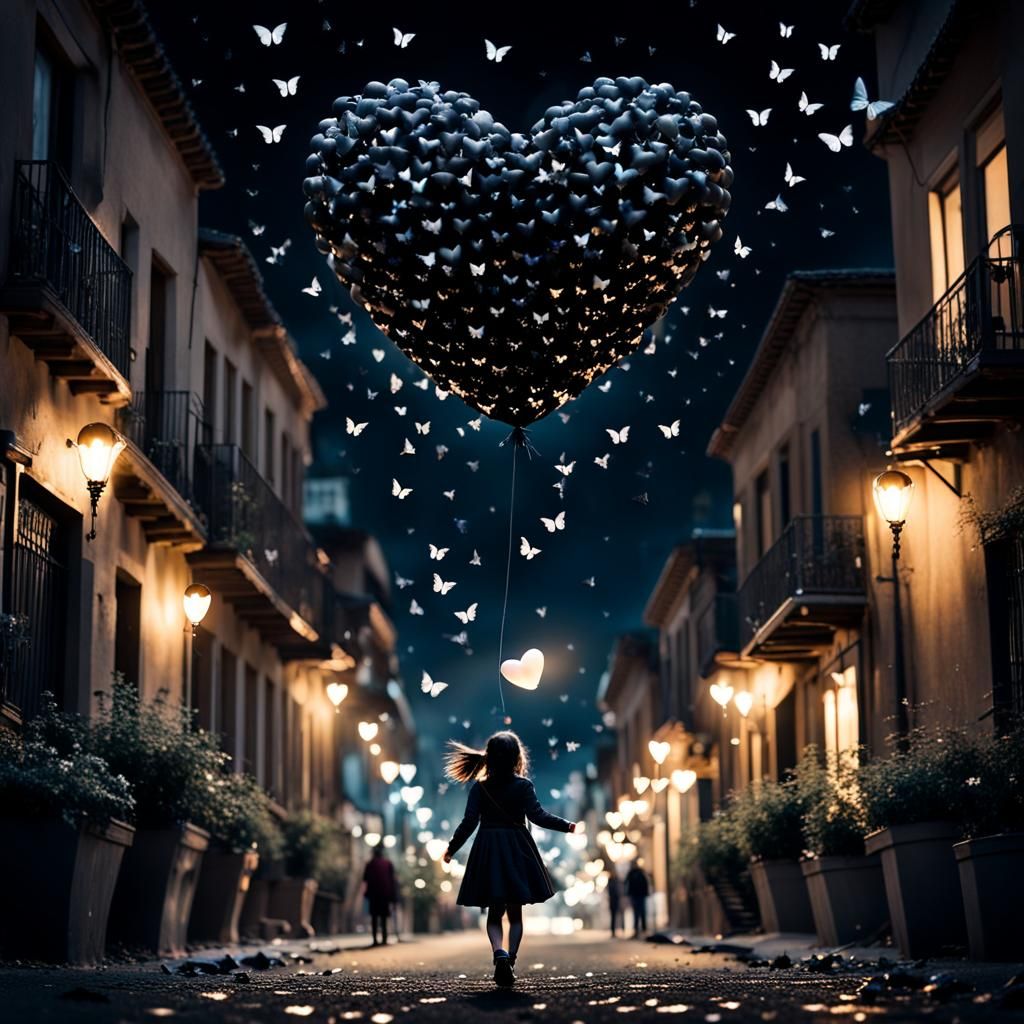 Butterfly Heart Balloon in Dark Street Photography
