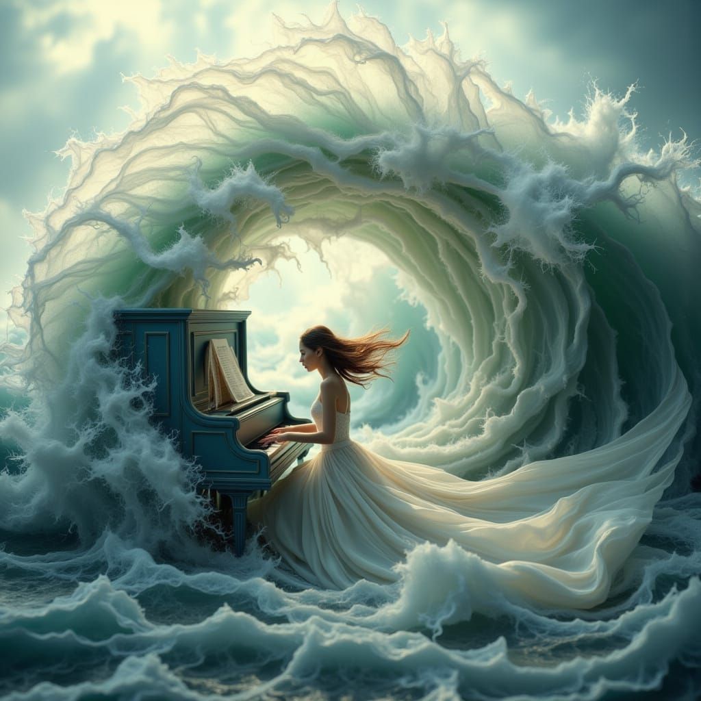 Woman Plays Ocean Piano in Ethereal Dreamscape