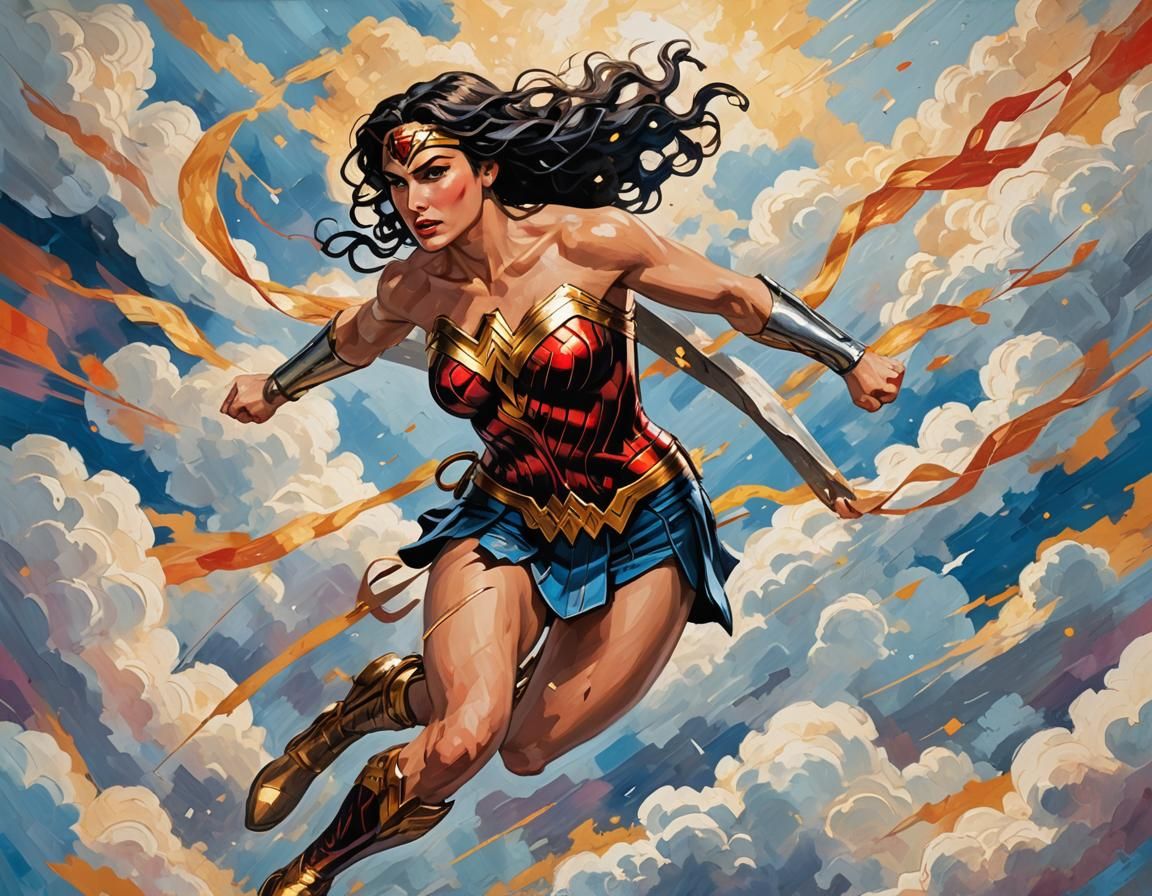 Wonder Woman Soaring Through Clouds, Expressionist Painting