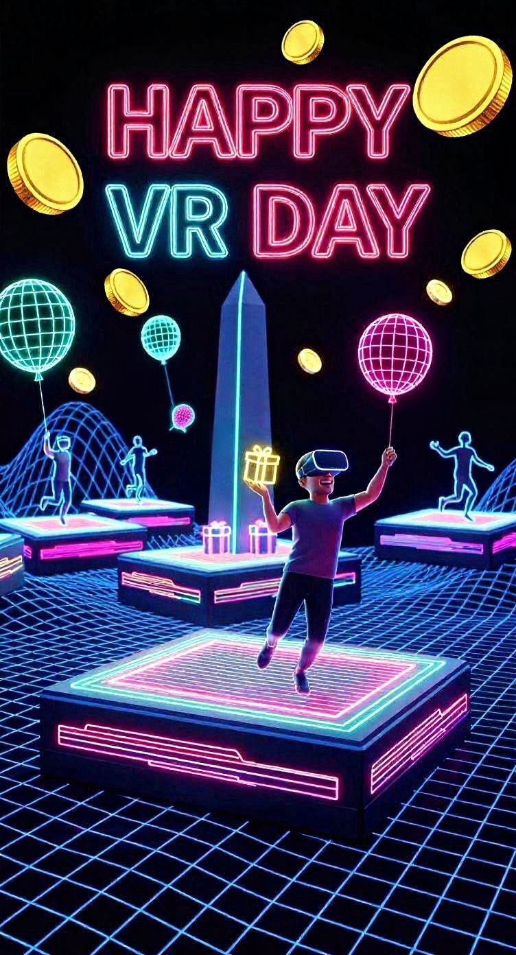 Happy Human Jumps on VR Platform with Neon Glow