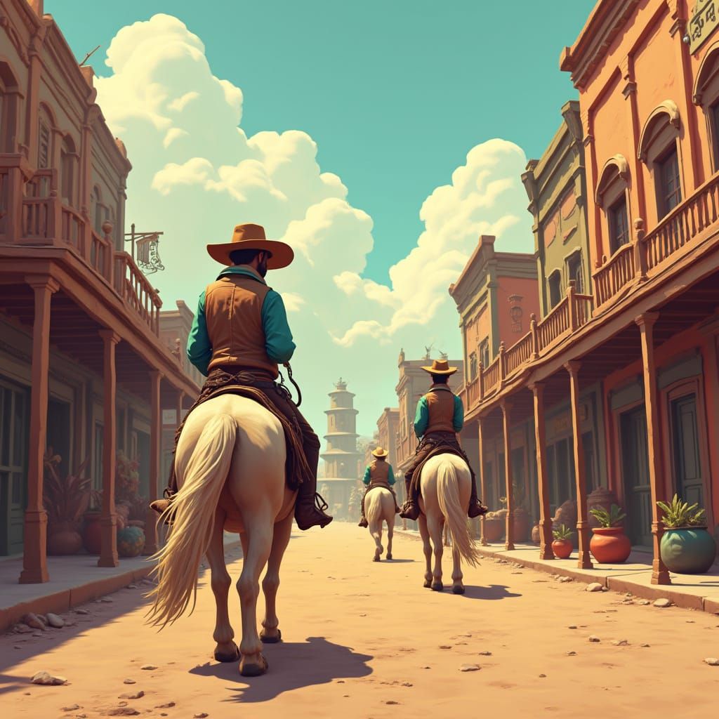 Cowboy Wanders Macaron Main Street in a Western Movie Atmosp...