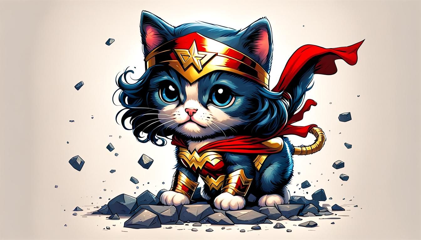 Kitten Cosplaying Wonder Woman: Comic Book Art