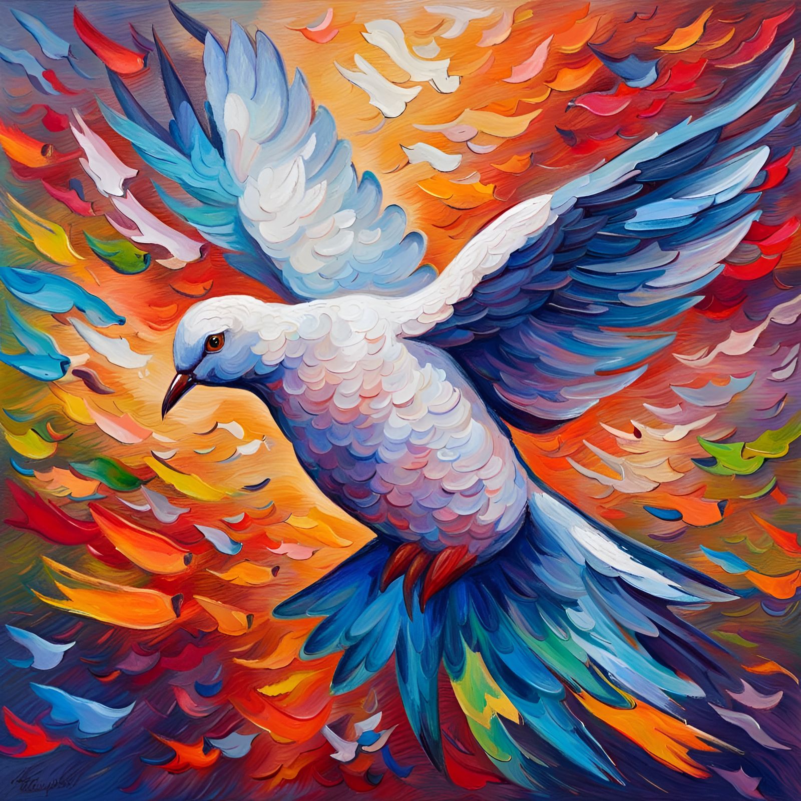 Dove in Flight: Neo-Impressionist Expressionist Oil Painting