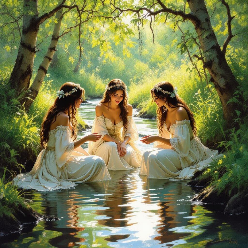 River Sirens Frolic in Sun-Dappled Forest Stream