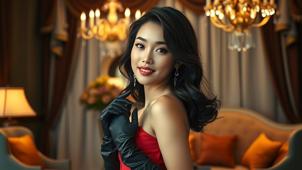 Elegant Red Portrait of Captivating Asian Woman
