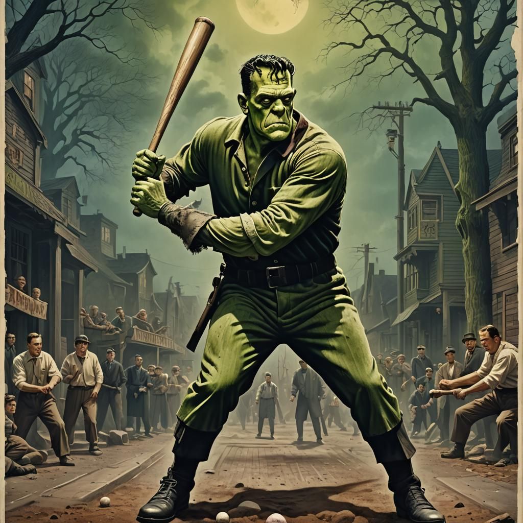 Frankenstein Hits Monster Home Runs: 1930s Movie Poster
