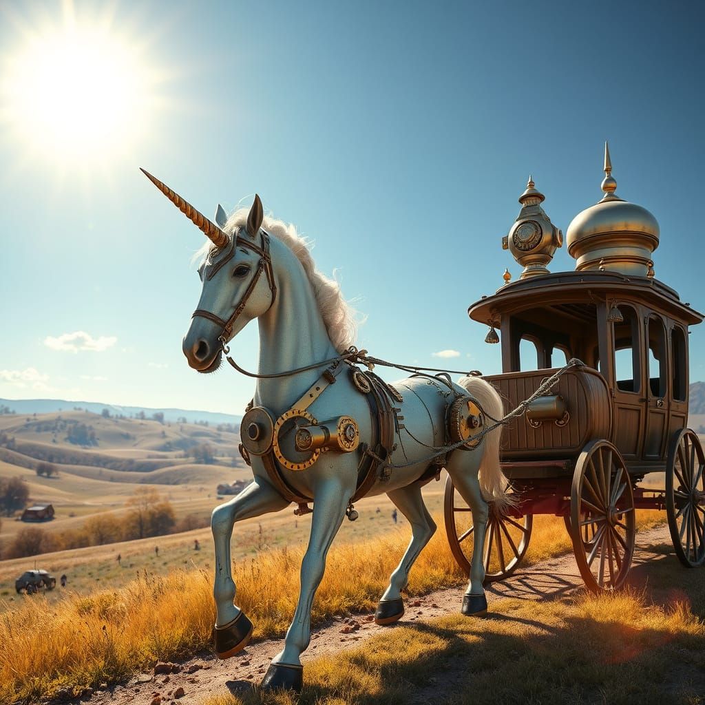 Steampunk Unicorn Pulls Stagecoach in Sunlit Countryside