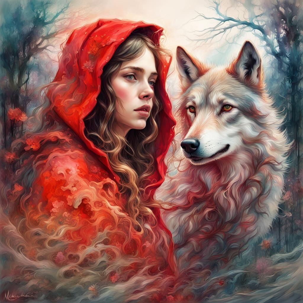 Red Riding Hood and Wolf Double Exposure Oil Painting