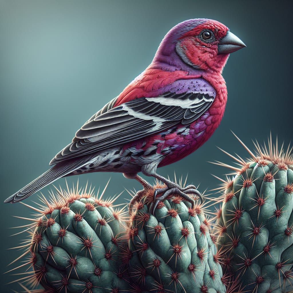 Vibrant Finch Perched on Prickly Cactus in Tranquil Desert H...